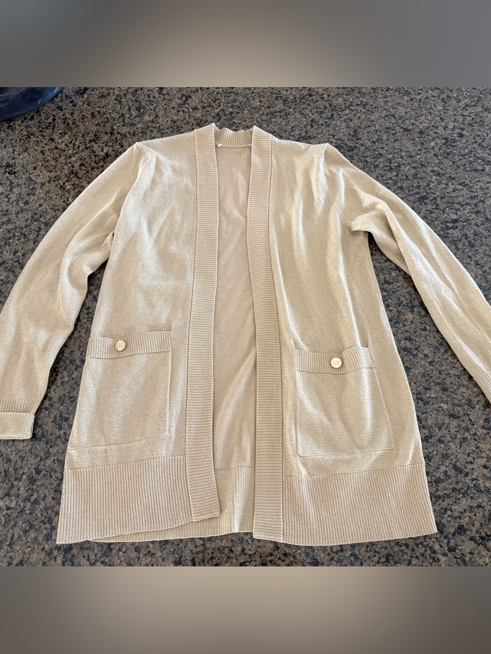 Michael Kors Women’s Metallic cream  Open Front V-Neck Button Pocket Cardigan S